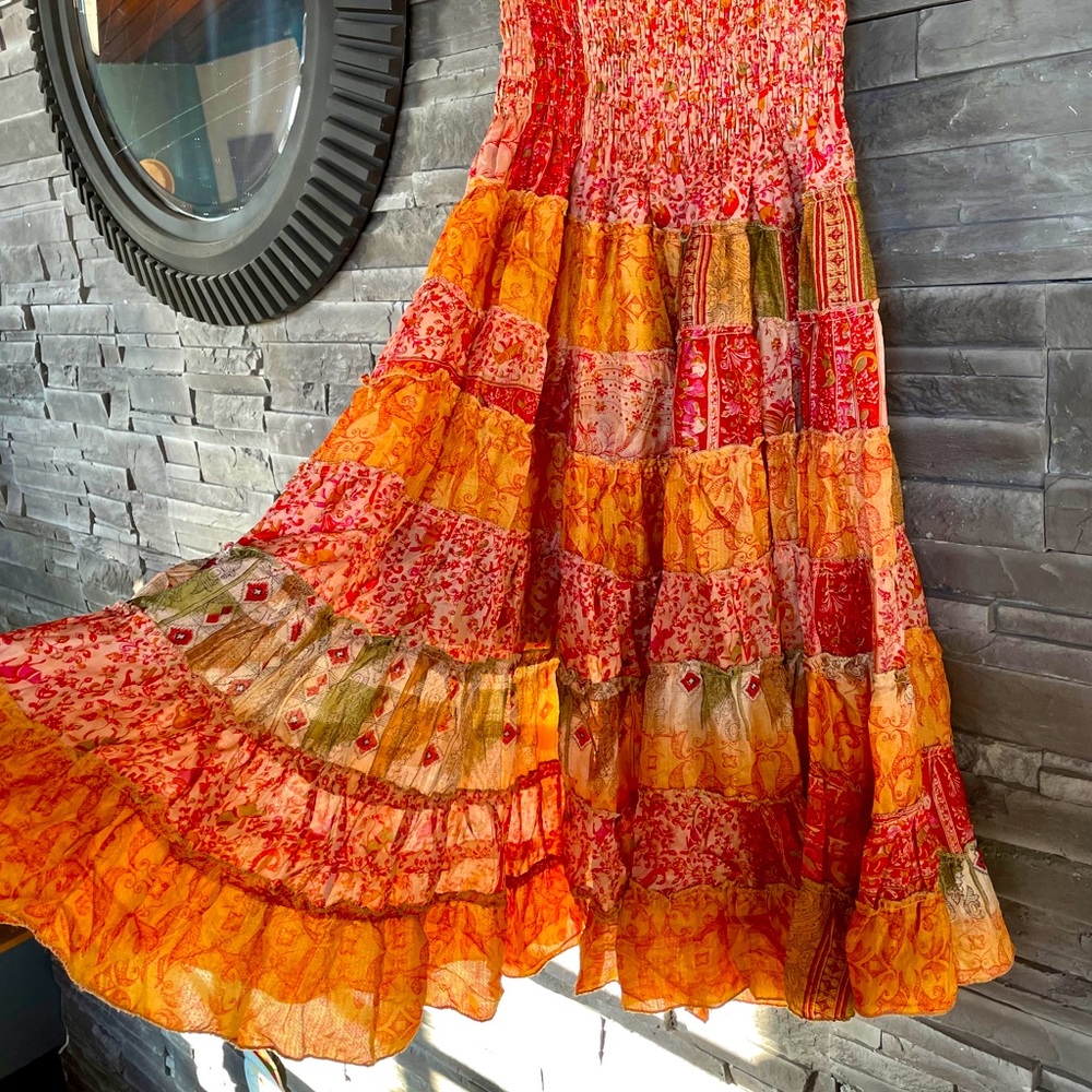 Hand Crafted Strapless Patchwork Dress - Red, Orange, Green